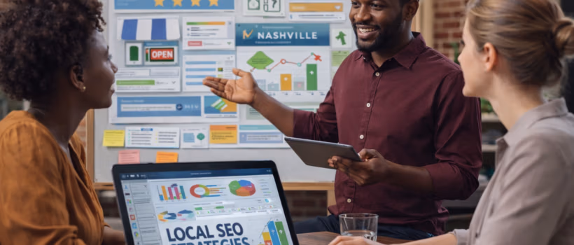 Local SEO strategy meeting with diverse marketing team reviewing analytics and Google Business Profile optimization on laptop and presentation board