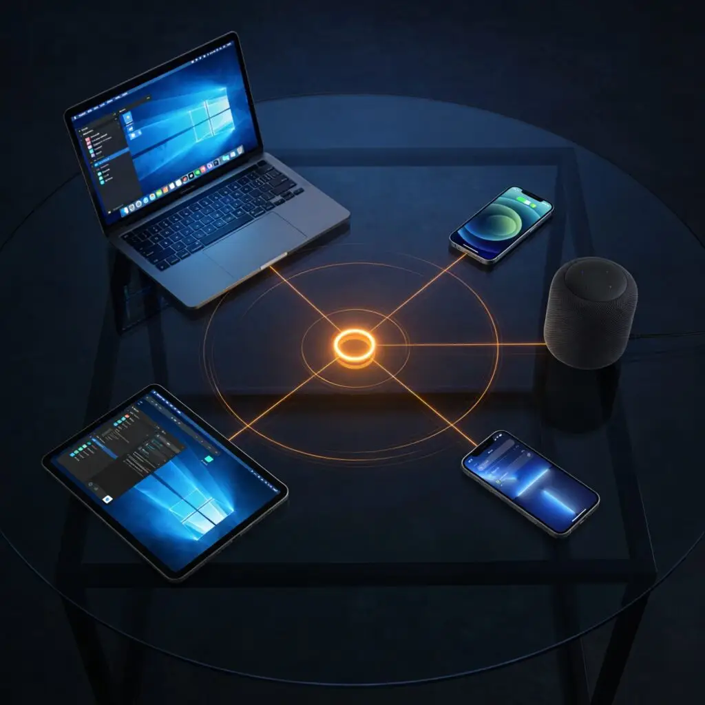 Four connected devices — laptop, phone, smart speaker, and tablet — with amber light trails converging at a single central point, representing a business recognized across all AI search platforms