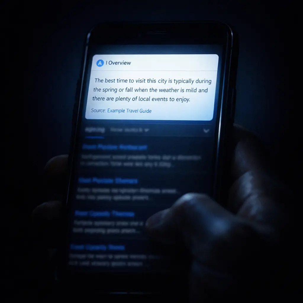 A phone screen displaying a Google AI Overview featured snippet at position zero, glowing above traditional search results — representing Generative Engine Optimization and AI search visibility