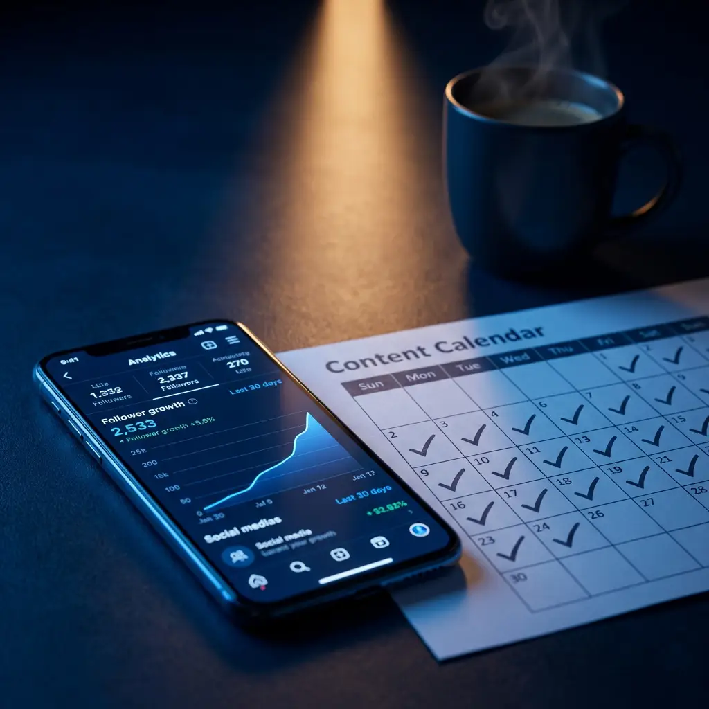 A phone showing a social media follower growth analytics graph trending sharply upward over 30 days next to a completed content calendar, representing the compounding power of consistent organic social media posting